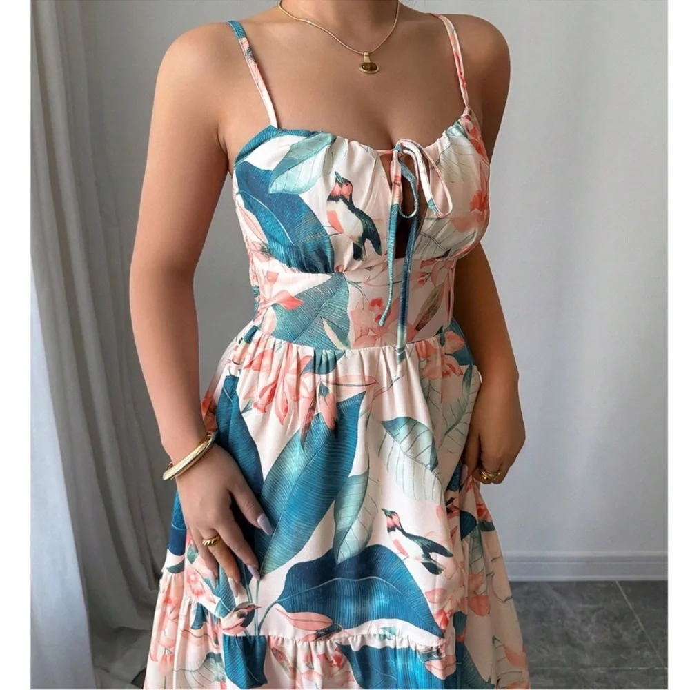 Boho Floral Tropical Print Front Tie Cami Maxi Dress S M L XL - Picture 3 of 5